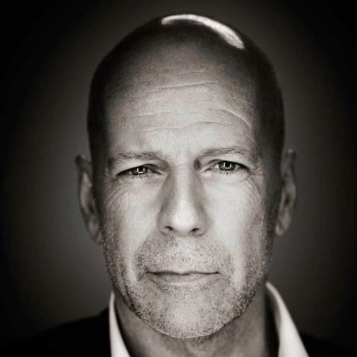 bruce willis shaved haircut in black and white