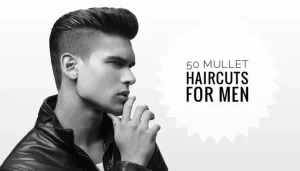 Illustrated hero graphic for 50 Mullet Haircuts for Men, featuring a man in a leather jacket with a slicked pompadour and faded sides