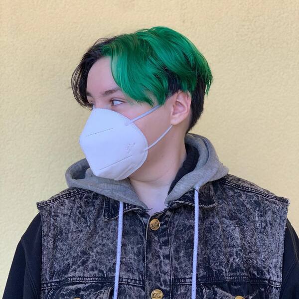 Black and Green Eboy Haircut - a man wearing denim jacket with hoody.