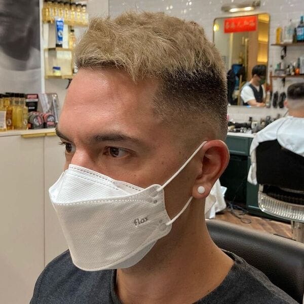 Dyed Clumpy Crew Fade - a man wearing white mask in gray shirt.