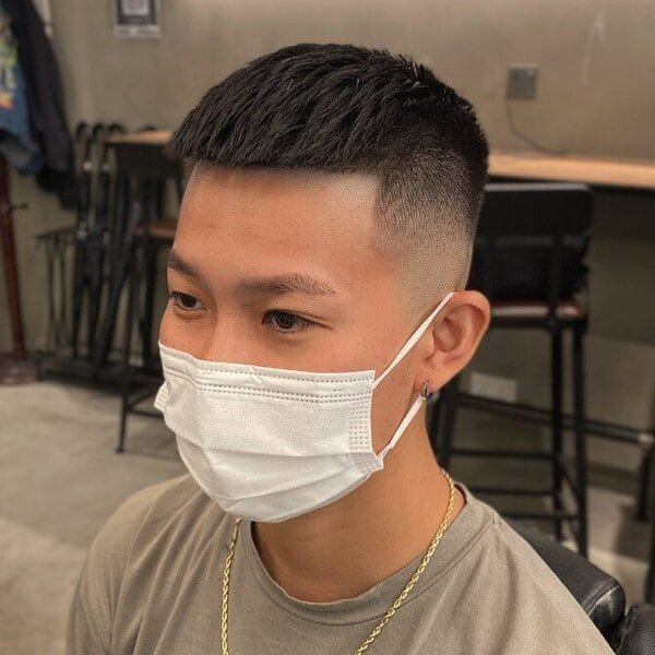 Low Fades Knobbly Crew Cut - a man wearing mask and shirt in gold necklace.