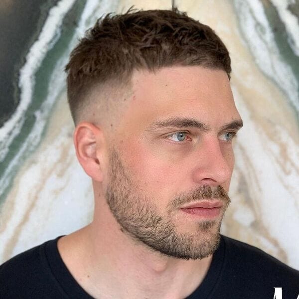 Shattered Hairline Crew Cut Fade - a man wearing black shirt.