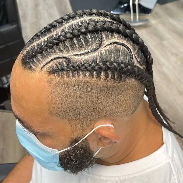 Box Braids with Tiny Braids Design Faded Haircut - wearing a facemask and a white shirt