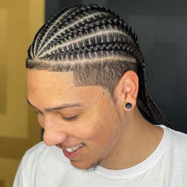 Corn Rows Straight Line Braids with Fade Cut - wearing a white shirt