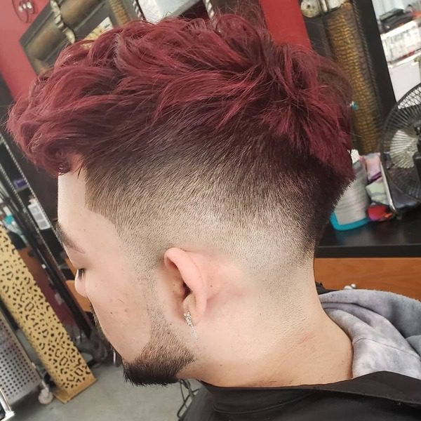 Long Messy Burgundy Shade with Fade Cut - wearing a jacket