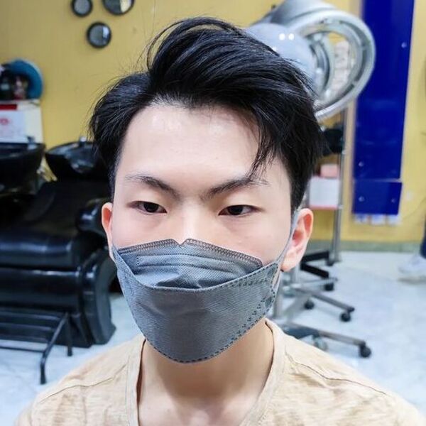 Long Side Swept Long Taper Hairstyle - wearing a gray facemask