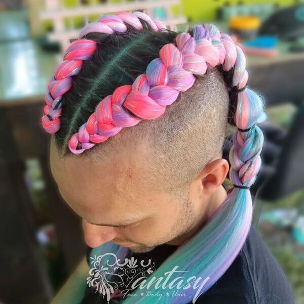 Two Unicorn Shade Thick Braids with Fade Cut - wearing a black shirt