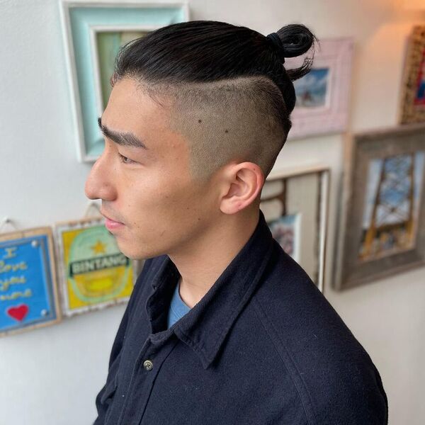 A picture of an Asian male model with a man bun undershave hairstyle right  after he shaved his former undercut haircut - Long Hair Guys