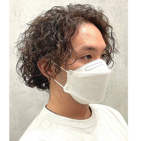 Messy Bob Wavy Perms with Curtain Bangs - wearing white facemask