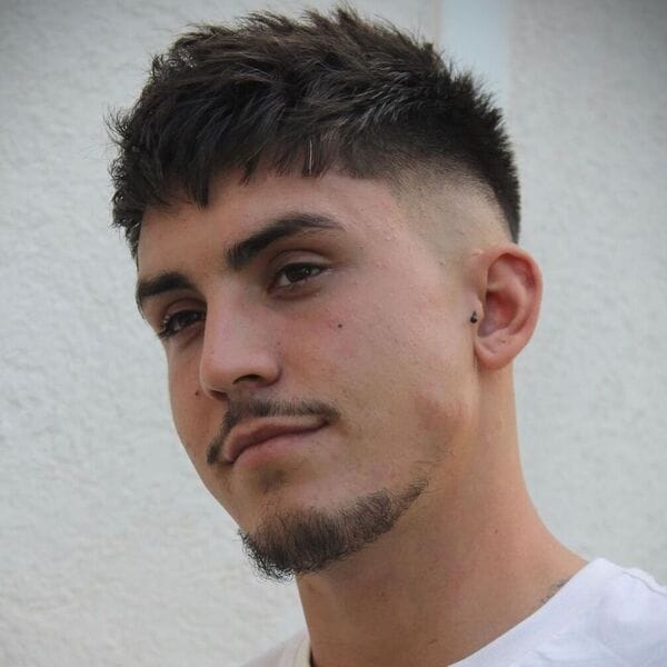 Layered Front Taper with Skin Fade - wearing plain white shirt