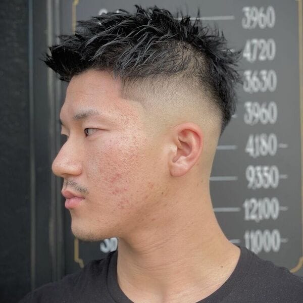 Messy Spiky Hairstyle with Clean Skin Fade - wearing plain black shirt