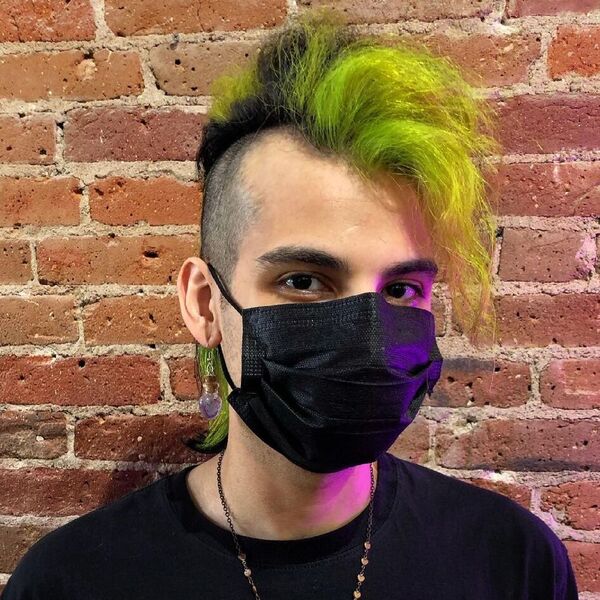 Mullet Messy Punk Fringe with Green Blonde Shade - wearing black facemask