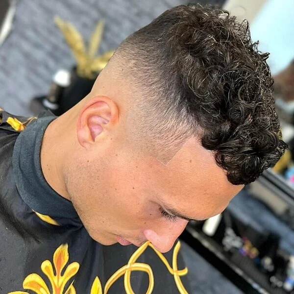 Permed Curls with Mid Fade Haircut - wearing haircut cover
